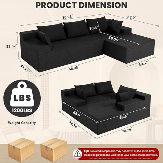 LEVELEVE 107" Cloud Sectional Couch with Deep Seat，Modern Modular Sofa with L-Shape Chaise，No Assembly Required, Upholstered Couches for Living Room Bedroom(Black,Right Facing Chaise)
