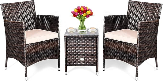 COSTWAY 3 PCS Patio Furniture Set, Outdoor Wicker Conversation Set with Tempered Glass Coffee Table, Seat Cushions, Rattan Wicker Chairs for Poolside Balcony Porch Backyard, Beige
