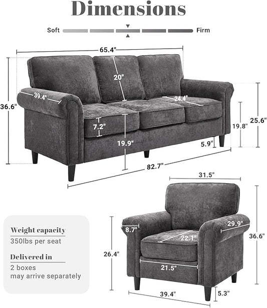 Kingfun 3 Seater Couch with Chair, Mid Century Modern Sofa Set with Rolled Arms and Deep Seats, Fluffy Comfort for Living Room, Apartment, Easy Assembly, Grey