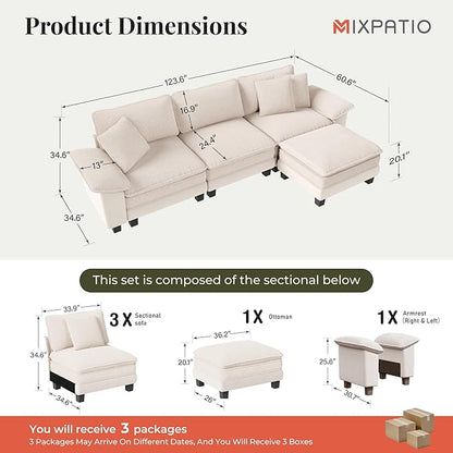 123-Inch L Shaped Sectional Sofa with Cloud Cushions, Deep Seat Modular Couch Set w/ 4 Seats & 1 Ottomans, Plush Chenille & Corduroy Upholstery for Living Room, Apartment - Beige