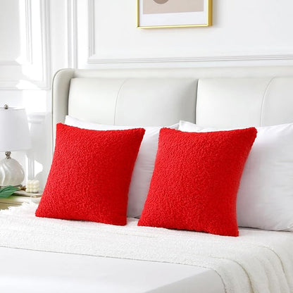 FUTEI Christmas Red Throw Pillow Covers 20x20 Inch Set of 2,Furry Faux Fur Teddy Boucle Textured Cushion Covers,Soft Fluffy Decorative Pillow Case,Home Decor for Couch Bed Living Room Office Car