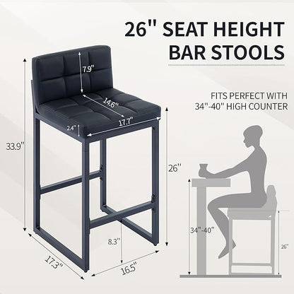Bar Stools Set of 4, PU Leather Counter Height Barstools with Low Back and Thickened Metal Legs, 26 Inch Modern Island Chairs for Kitchen Island, Bar, Counter (Black, 4Pcs 26" Bar Stools)