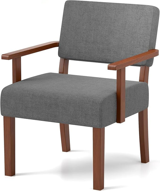 KOMFOTT Upholstered Accent Chair, Mid-Century Modern Armchair with Rubber Wood Frame, Linen Fabric Living Room Chair with Padded Seat & Backrest, Comfy Reading Chair for Bedroom, Waiting Room, Grey