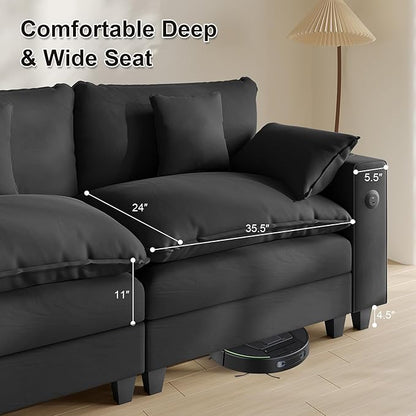 Cloud Couch, Modular Sectional Sofa with Ottoman, Charging Station, Throw Pillows, Cup Holders, Modern Convertible L Shaped Couches for Living Room, Bedroom (Classic Black, 116"- L Shape)