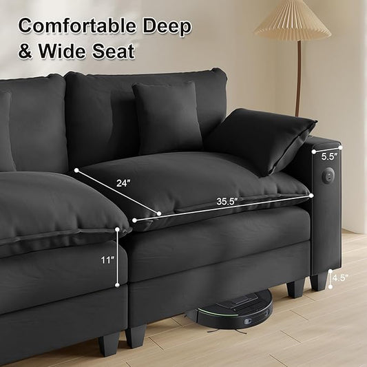 Cloud Couch, Modular Sectional Sofa with Ottoman, Charging Station, Throw Pillows, Cup Holders, Modern Convertible L Shaped Couches for Living Room, Bedroom (Classic Black, 116"- L Shape)