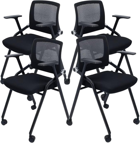 4 Pack Foldable Office Chairs with Wheels, Mesh Back, Arms and Portable - Folding Office Chairs for Conference Room Chair, Office Guest & Reception & Meeting Chair - (Black) 300 lbs.