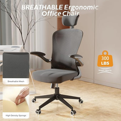 Office Chair with Adjustable Lumbar Support & Flip-Up Armrests -Ergonomic High Back Computer Desk Chair with Thickened Seat Cushion, Rolling Wheels for Home/Office Study Work (02H-Black)