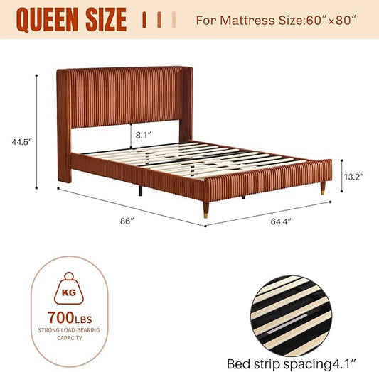 PINJU Queen Size Bed Frame, Upholstered Platform Bed with Modern Vertical Striped Wingback Headboard with Wooden Slats, Easy to Assemble No Noise Free (OCHER, Queen (U.S. Standard))