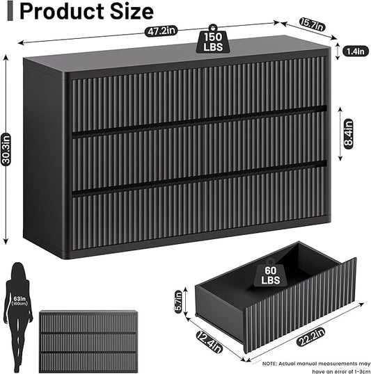 Black Dresser for Bedroom with 6 Double Drawers, 48" Wide Wooden Chest of Drawers with Curved Profile, Modern Fluted Dresser TV Stand, Wood Closet Clothes Storage Organizer for Living Room