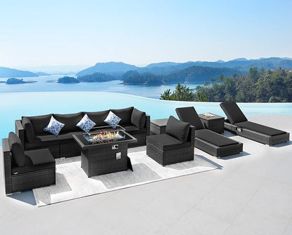 NICESOUL 11 Piece Outdoor Patio Conversation Set with Fire Pit Natural Gas/Propane, 29.3'' High Back Sectional Furniture w/Chaise Lounge, Deep Large Seating Sofa Couch, 2 Color Cushion Black & Gray