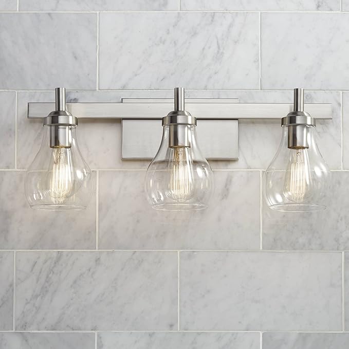 Possini Euro Design Danvers Modern Wall Mount Light Brushed Nickel Silver Hardwired 21" Wide 3-Light Fixture Clear Glass Globe Shade for Bathroom Vanity Mirror House Home Room Decor
