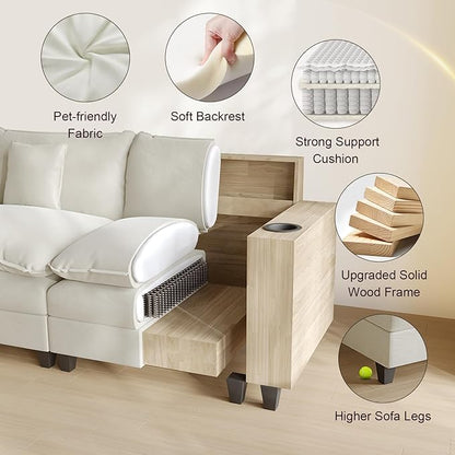 Cloud Couch, Modular Sectional Sofa with Ottoman, Charging Station, Throw Pillows, Cup Holders, Modern Convertible L Shaped Couches for Living Room, Bedroom (White, 152"- U Shape)
