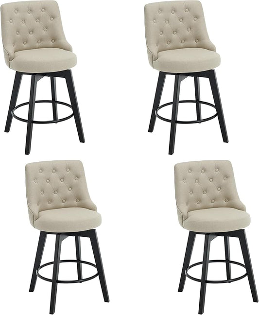 MINCETA Set of 4 Upholstered Bar Stools - 26 Inch Swivel Counter Height Stools with Low Tufted Back, Footrest & Performance Fabric - Khaki Round Seat for Kitchen Island & Home Bar