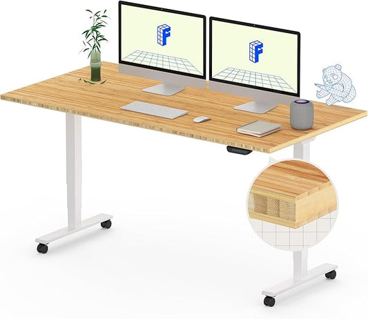 FLEXISPOT E6 MAX Bamboo 55x28 Inch Dual Motor 3-Stage Heavy Duty Standing Desk, 330lbs Weight Capacity, Height Adjustable Desk w/Cable Management & Wheels (Solid Bamboo Desktop + White Frame)