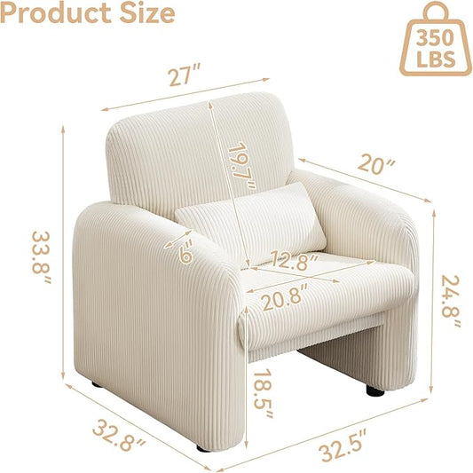 Corduroy Fabric Accent Chair, Modern Upholstered Living Room Chairs with Lumbar Pillow, Wide Comfy Leisure Armchair for Bedroom, Office, Reading, White