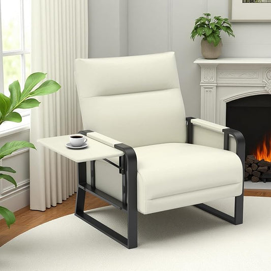 Faux Leather Accent Chair with Flip Up Tray Table Soft Backrest Side Pocket for Living Room Office Bedroom Leather Accent Chair, Beige