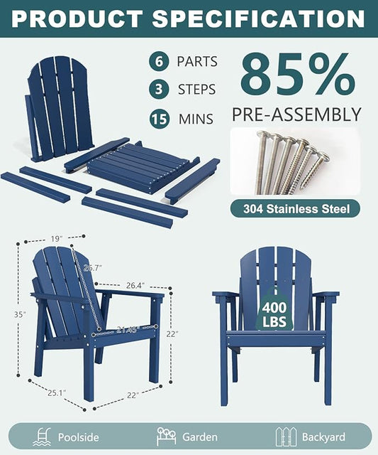Adirondack Chair, All Weather HDPE Fire Pit Chairs, Oversized Plastic Adirondack Chair for Outdoor, Balcony, Deck, Backyard, Patio, Garden, Poolside, Lawn Navy Blue