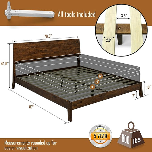 Acacia Serenity King Size Bed Frame, King Bed Frame with Headboard 800 lbs Capacity Natural Wood Bed All Mattress Support & No Box Spring Needed, Wood Slats Support Wooden BedFrame King, Walnut