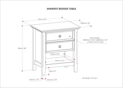SIMPLIHOME Amherst SOLID WOOD 24 Inch Wide Traditional Bedside Nightstand Table in Fog Grey, For the Living Room and Bedroom