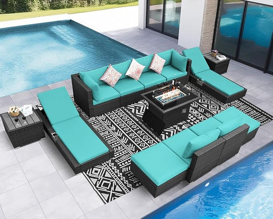 NICESOUL 13 Piece Outdoor Furniture Sets with Firepit and Lounge Chairs, Overszied Large Sectional L Shaped Patio Couch with Chaise, All Weather Wicker Texture Deck Seating Group for 10, Gray&Teal