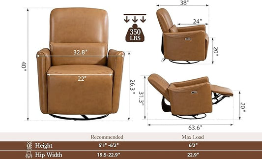 Power Swivel Recliner Chair, Faux Leather Glider Electric Rocking Chair for Adults. Nursery Rocker Single Sofa Chair with Lumbar Support for Living Room. Dual-port Charging: Type-C&USB, Brown