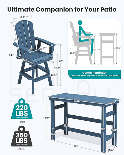 SERWALL 5-Piece Swivel Adirondack Bar Set, HDPE Swivel Bar Height Chairs Set of 4 with Bar Table, All-Weather Outdoor Barstools for Patio, Poolside, Garden, Blue