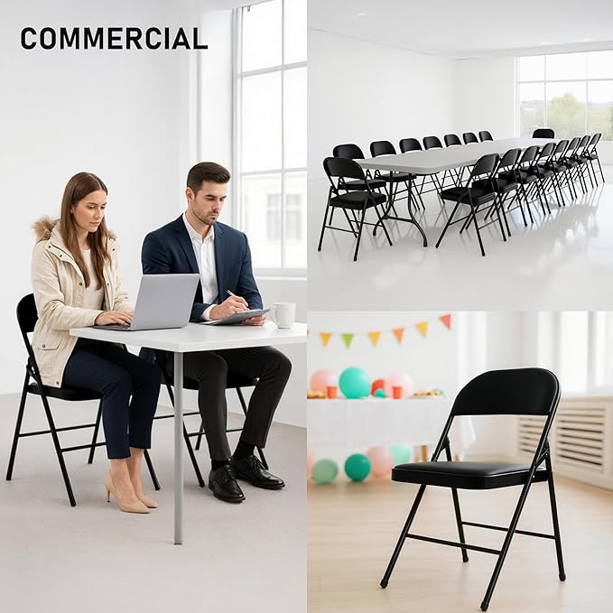 SEALAMB 6 Pack Black Folding Chairs with Padded Seats & Cushion, Durable Metal Foldable Chairs for Wedding Party, Commercial Chairs for Office School Church Events, 330lb Capacity (Black-PU, 6 Pack)