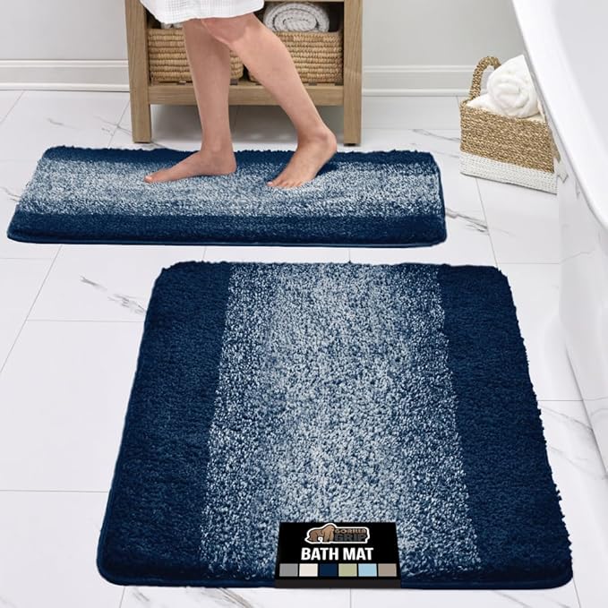 GORILLA GRIP Ultra Soft Plush Bathroom Rugs with Rubber Backing Set of 2, Absorbent Quick Dry Bath Mat, Machine Washable Shower Mats, Home Décor Accessories Bathmat Rug, 24x16 and 30x18 Navy