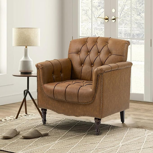 Faux Leather Accent Chair, PU Leather Modern Comfy Upholstered Armchair with Wood Legs & Nailhead Trim for Living Room, Bedroom (Camel,Set of 1)