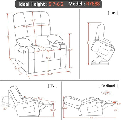 MCombo Oversized Dual Motor Power Lift Recliner Chair Sofa with Massage and Heat for Big Elderly People, Infinite Position, USB Ports, Fabric R7688 (Burgundy, Large-Oversize)