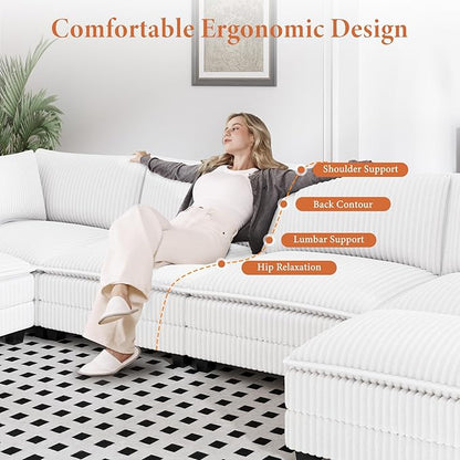 Vesgantti 109" U Shaped Cloud Sectional Sofa, Comfy Corduroy Upholstered Sectional Modular Sofas for Living Room, Modern Modular Couch with 2 Ottoman Deep Seat, Warm White