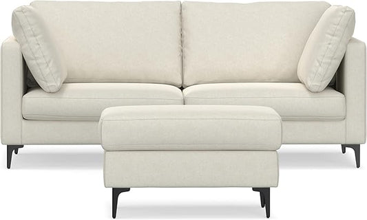 SIMPLIHOME Ava Sofa and Ottoman in 100% Recycled Polyester Performance Fabric, Cream, 76-inch-Wide 2-Seater Loveseat and Matching 36-inch-Wide Table Ottoman for Living Room, 2-Piece Set