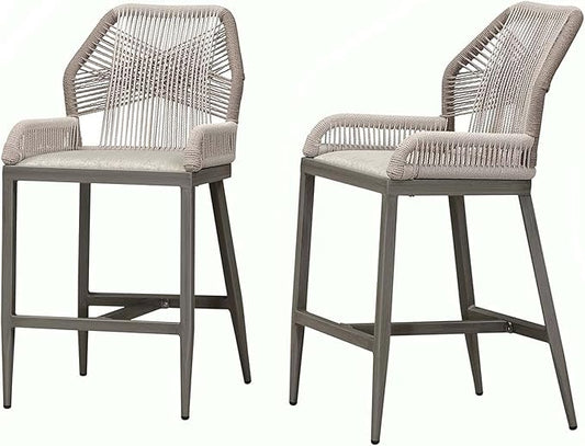 PURPLE LEAF 2 Pieces Counter Height Bar Stools Patio Boho Rattan Barstools Aluminum Woven Bar Chairs with Cushions for Outdoor Kitchen Island Garden