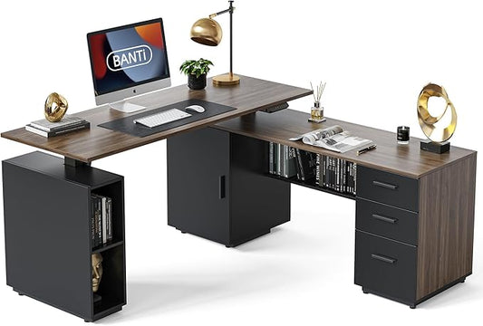 BANTI Executive L Shaped Standing Desk with 3-Drawer File Cabinet, 63" Electric Height Adjustable Stand up Desk for Home Office, Computer Desk with Storage Cabinets, Black Walnut Top