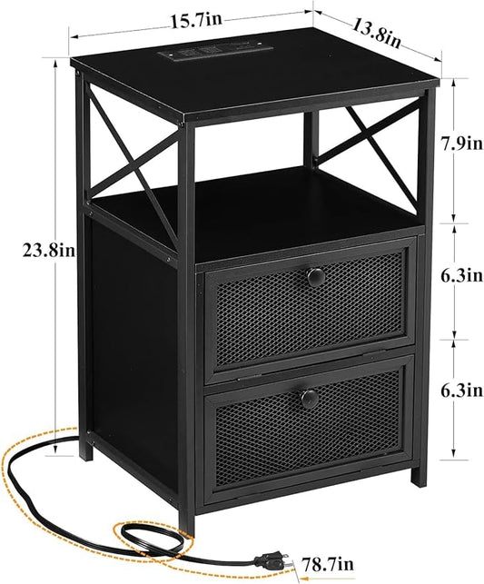 VECELO Black End Table with USB Ports and Outlets,24 Inch Nightstands with Charging Station and Storage Shelf for Bedroom,Living Room, 1 Set