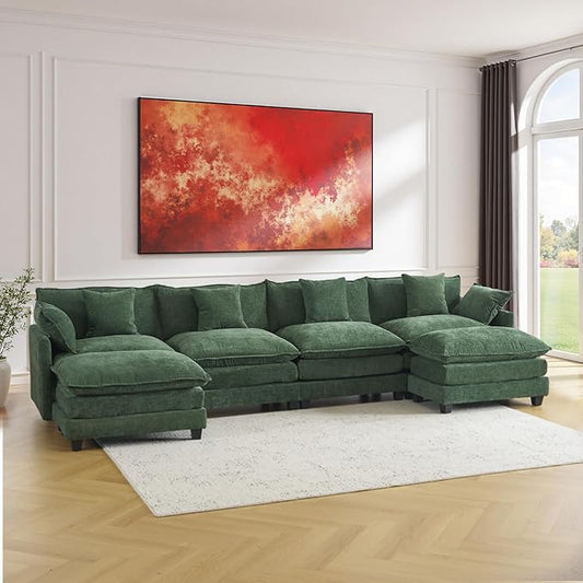 U-Shaped Cloud Chenille Sectional with 2 Ottomans, 146" Modular Sofa for Large Spaces, Ultimate Comfort with Deep Seats & Pillows, Solid Frame, 1YR Warranty