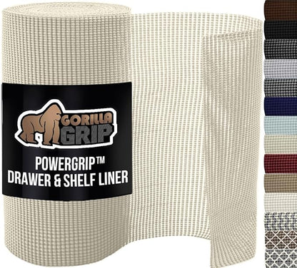 GORILLA GRIP powerGRIP Drawer Shelf and Cabinet Liner, Thick Strong Hold, Non-Adhesive Liners Protect Kitchen Cabinets and Cupboard, Bathroom Drawers, Easy Install, Breathable Mat, 12" x10' Cream