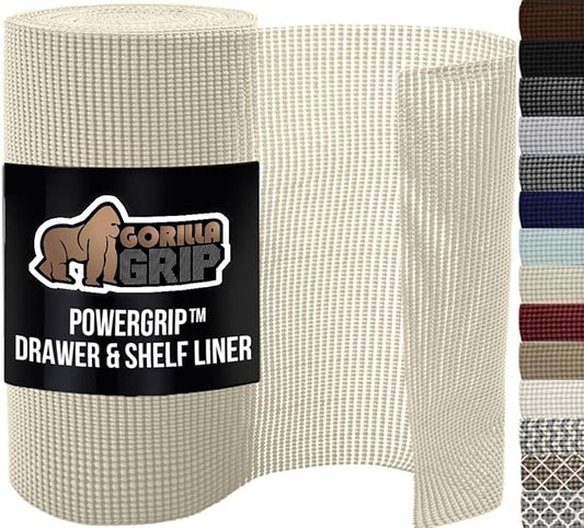 GORILLA GRIP powerGRIP Drawer Shelf and Cabinet Liner, Thick Strong Hold, Non-Adhesive Liners Protect Kitchen Cabinets and Cupboard, Bathroom Drawers, Easy Install, Breathable Mat, 17.5" x30', Cream