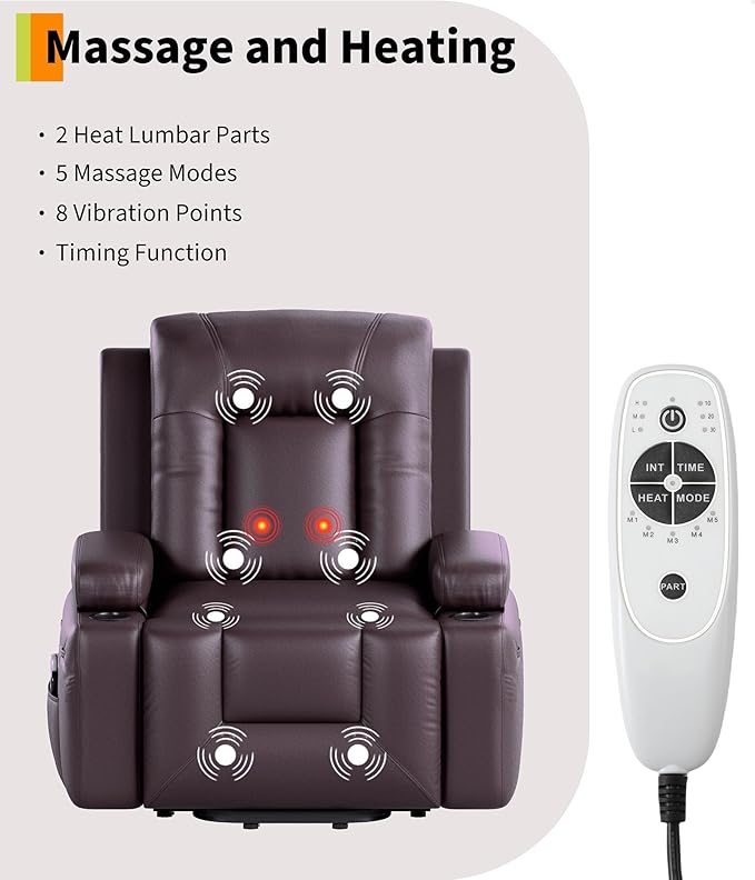 GarveeHome Power Lift Recliner Chair - Heat and Massage, PU Leather Electric Lift Recliner Chair for The Elderly, Adjustable Back and Legs, Designed for The Elderly and People with Mobility impaired