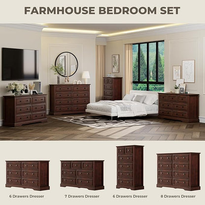 Farmhouse 6 Drawer Dresser for Bedroom, 54" Wide Wood Dresser with Natural Texture, Rustic Chest of Drawers for Bedroom with Vintage Metal Hands, for Living Room, Hallway, Cherry