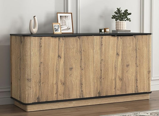 LKTART 55" Sideboard Buffet Cabinet with Storage, Wooden Fluted Storage Cabinet Sideboard with Adjustable Shelves Metal Rounded Corner for Kitchen Living Room (Natural)