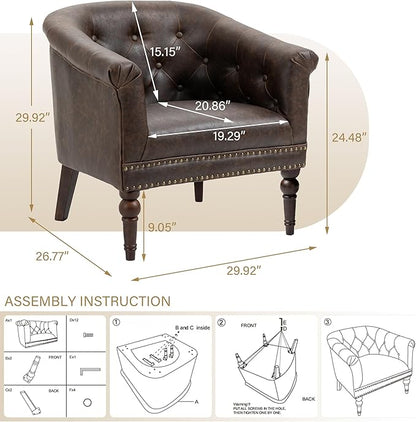 Pia Ricco Faux Leather Barrel Accent Chair, Comfy Club Armchair with Solid Wood Legs, Upholstered Single Sofa Chair for Living Room Bedroom/Reading Room, Chocolate