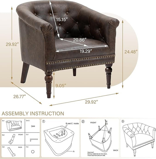 Pia Ricco Faux Leather Barrel Accent Chair, Comfy Club Armchair with Solid Wood Legs, Upholstered Single Sofa Chair for Living Room Bedroom/Reading Room, Chocolate