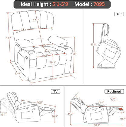 MCombo Power Lift Recliner Chair for Elderly, Lift Chair with Heat and Massage, USB &Type C Ports, Cup Holders, Faux Leather 7095 (Medium, Black)