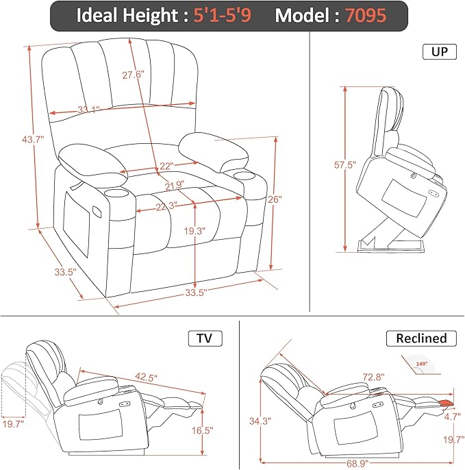 MCombo Power Lift Recliner Chair for Elderly, Lift Chair with Heat and Massage, USB &Type C Ports, Cup Holders, Faux Leather 7095 (Medium, Dark Brown)