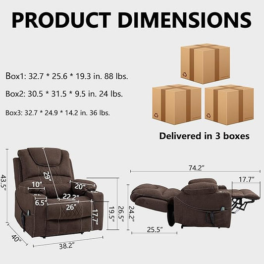 Large Power Lift Recliner Chair Sofa with Massage and Heat for Big and Tall Elderly,Infinite Positions,Dual Motor,Cup Holders,Extended Footrest,Velvet Home Theater Seat