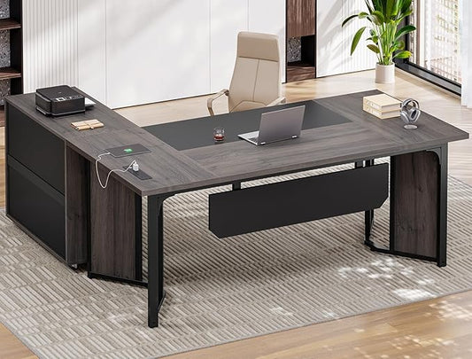 63" Executive Desk with Mobile File Cabinet, Large Office Desk with Drawer, Modern L Shaped Desk with Power Outlets, Storage Shelves, Corner Computer Desk Business Workstation Set (Grey)