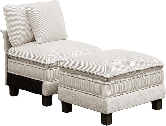 PHI VILLA Cloud Oversized Sectional Sofas, Single Sofa with Deep Seat, Lounge Sofa with Ottoman for Living Room Reading Nook, Chenille Corduroy Dual Fabric, Beige