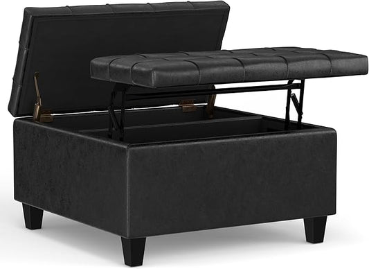 SIMPLIHOME Harrison 30 inch Wide Transitional Square Small Coffee Table Storage Ottoman in Distressed Black Vegan Faux Leather, Assembled, for The Living Room and Bedroom