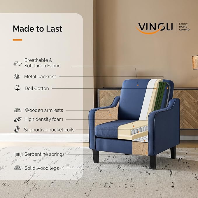 VINGLI Navy Blue Accent Chairs for Living Room, Line Comfy Upholstered Chair Mid Century Modern Armchair for Bedroom, Home Office, Small Spaces, Apartment